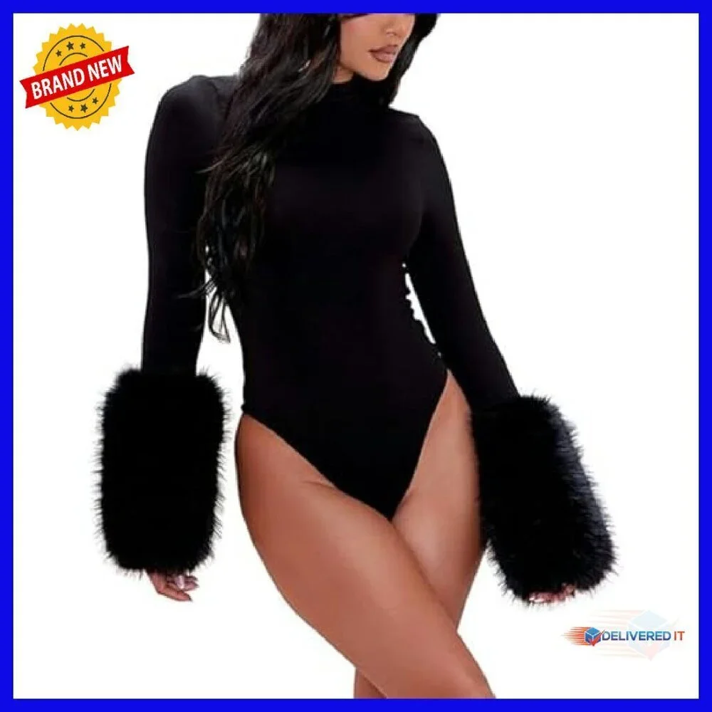 Long Sleeve Mock Neck Bodysuit with Faux Fur Cuffs, Sexy Club Outfit